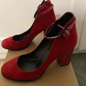 Red suede Kenneth Cole ankle strap heels